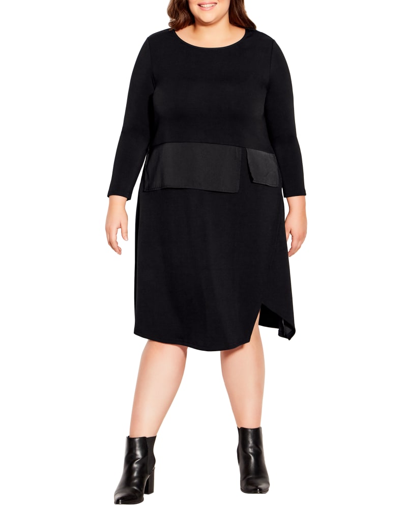 Front of a model wearing a size 14 Amaya Beyond Knit Dress in Black by Evans. | dia_product_style_image_id:234265